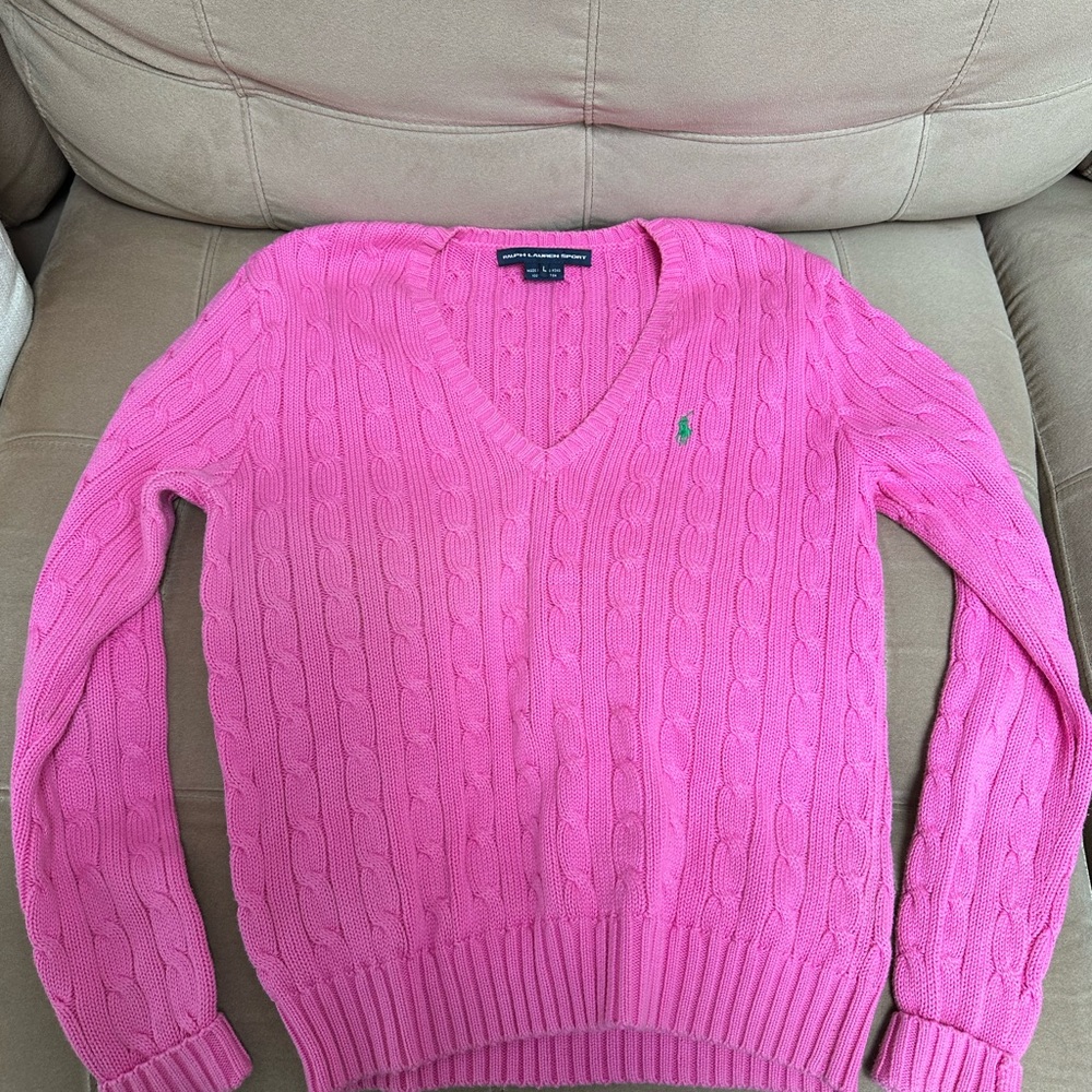 Ralph Lauren Hot Pink Cable-Knit V-Neck Sweater